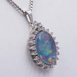 Vintage 14k white gold necklace with triplet opal pendant and diamonds (0.72ct)