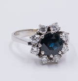 Vintage 14K gold ring with brilliant cut diamonds (approx.0.80ctw) and sapphire (approx.1.50ct), 60s