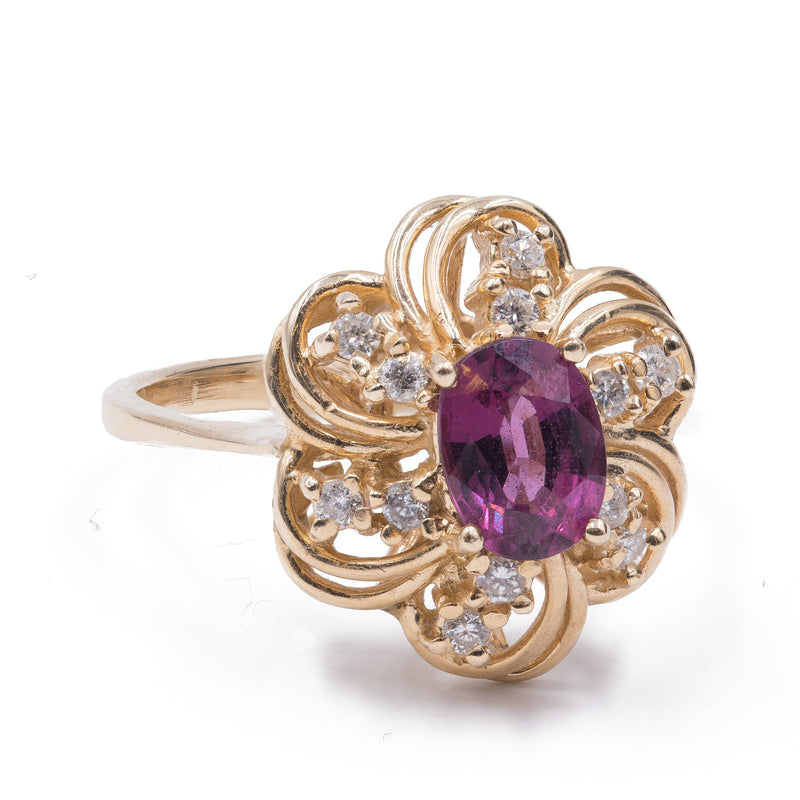 Bague vintage en or 14 carats, diamants et tourmaline, 1960