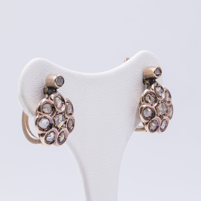 Boucles d'oreilles anciennes en or jaune 12 carats avec diamants taillés en rose, début des années 1900