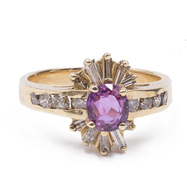 Vintage 14k gold ring with ruby and baguette and round cut diamonds, 1960s