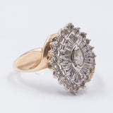 Bague vintage en or 14 carats avec diamants taille marquise, baguette et brillant. années 60