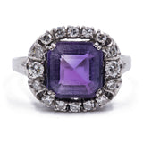 Vintage 14k white gold ring with central amethyst (3ct) and side diamonds (0.50ct), 50s / 60s