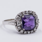 Vintage 14k white gold ring with central amethyst (3ct) and side diamonds (0.50ct), 50s / 60s