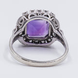 Vintage 14k white gold ring with central amethyst (3ct) and side diamonds (0.50ct), 50s / 60s