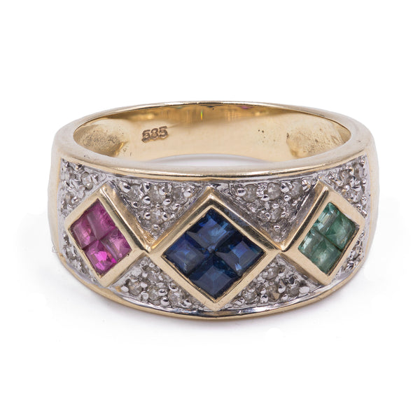 Vintage 14K yellow gold ring with sapphires, rubies, emeralds and diamonds, 1970s