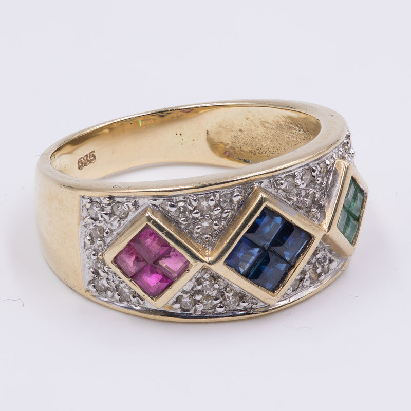 Vintage 14K yellow gold ring with sapphires, rubies, emeralds and diamonds, 1970s