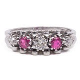 Vintage 14k white gold ring with diamonds and rubies