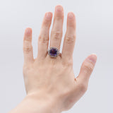 Vintage 14k white gold ring with central amethyst (3ct) and side diamonds (0.50ct), 50s / 60s