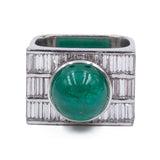 Vintage 18k white gold ring with baguette cut diamonds (3.6ct) and cabochon emerald (6ct), 80s