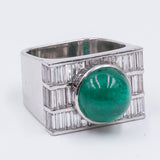 Vintage 18k white gold ring with baguette cut diamonds (3.6ct) and cabochon emerald (6ct), 80s