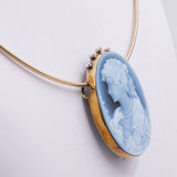 Vintage yellow gold necklace with cameo on blue agate, 80s