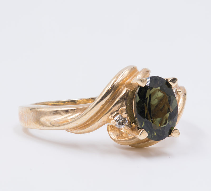 Anello in oro 14k con tormalina e diamanti, anni 60