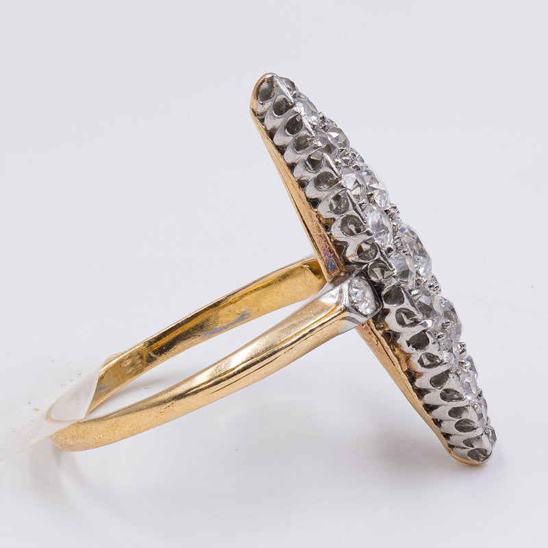 Vintage 18k yellow gold navette ring with diamonds (2.80ctw), 1940s / 1950s