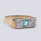 Anello vintage in oro 14k con smeraldo sintetico e diamanti (0.18ct), anni '80