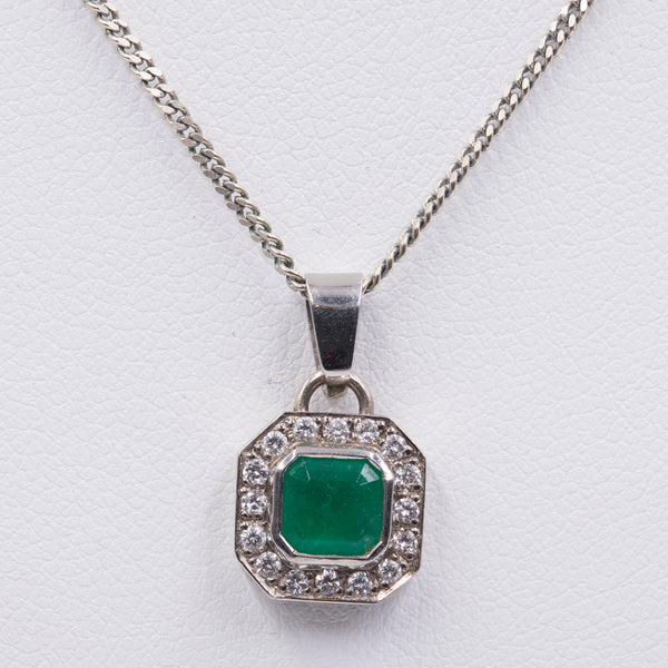 Collier vintage in oro bianco 18k con smeraldo e diamanti, anni '70/'80