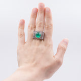 Vintage 18k white gold ring with baguette cut diamonds (3.6ct) and cabochon emerald (6ct), 1980s