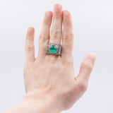 Vintage 18k white gold ring with baguette cut diamonds (3.6ct) and cabochon emerald (6ct), 80s
