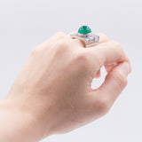 Vintage 18k white gold ring with baguette cut diamonds (3.6ct) and cabochon emerald (6ct), 80s
