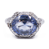Antique 18k white gold ring with synthetic sapphire and rosette cut diamonds, 20s / 30s
