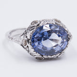 Antique 18k white gold ring with synthetic sapphire and rosette cut diamonds, 20s / 30s