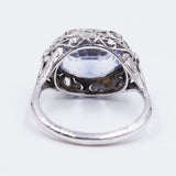Antique 18k white gold ring with synthetic sapphire and rosette cut diamonds, 20s / 30s