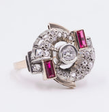 Art Deco Ring aus 12 Karat Gold und Silber mit Diamanten und Rubinen, 30er