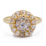Antique 14kt yellow gold ring with rose cut (0.70ct) and antique cut (0.15) diamonds, 1910s