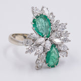 Vintage 18k white gold ring with pear cut emeralds (2.40ctw) and marquise cut diamonds (2ct), 60s / 70s