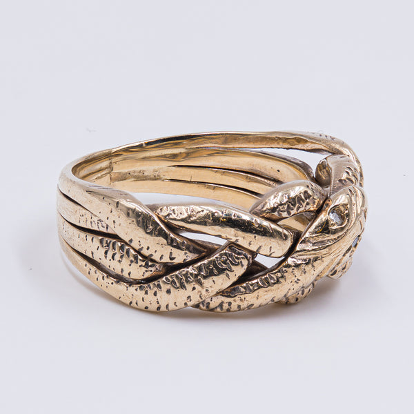Vintage 8K gold intertwined snake ring with diamonds, 1950s