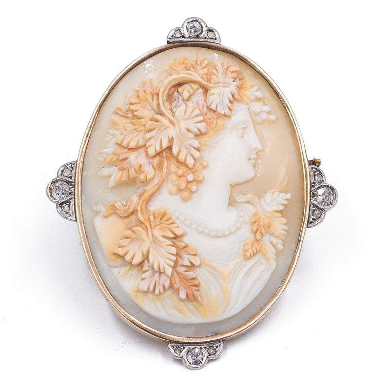 Antique 18k gold brooch with cameo on shell and rose cut diamonds, 1950s