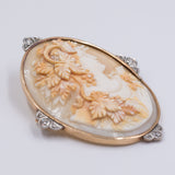 Antique 18k gold brooch with cameo on shell and rose cut diamonds, 1950s
