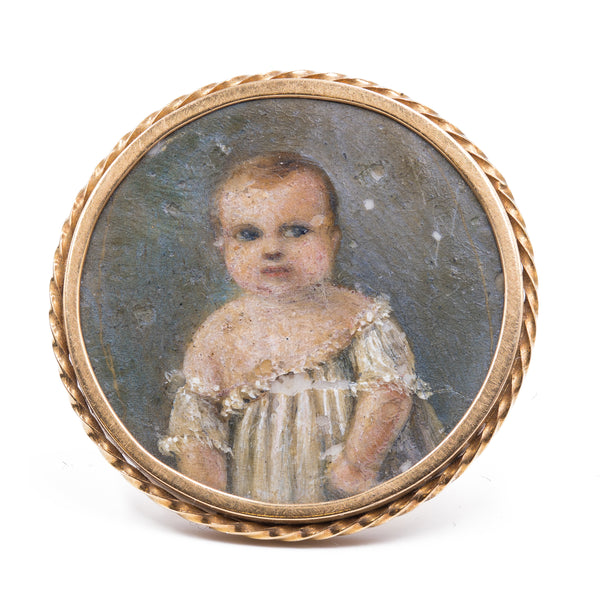 Spilla antica in oro con miniatura di bambino , metà '800