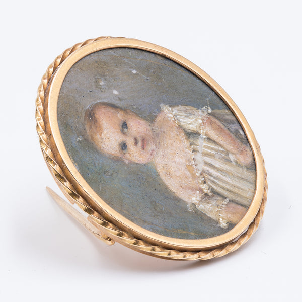 Spilla antica in oro con miniatura di bambino , metà '800