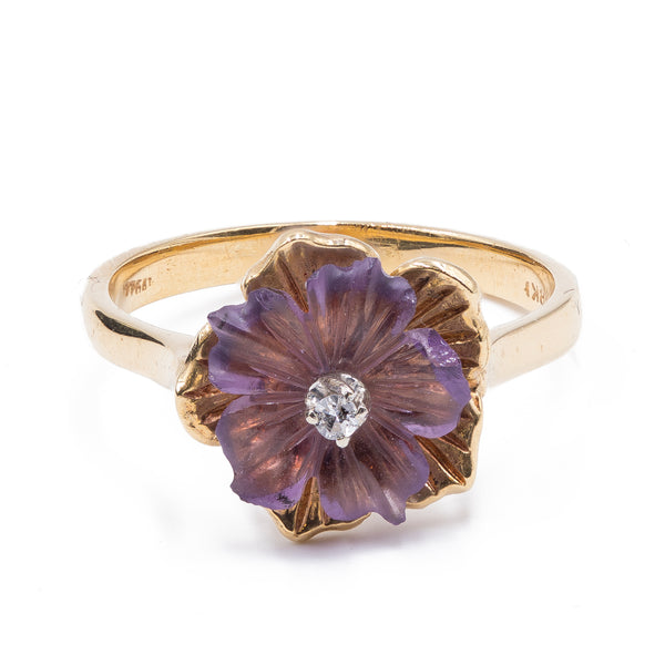 18K gold ring with engraved amethyst and diamond