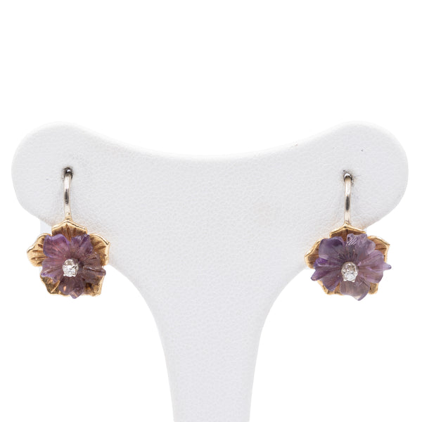 Vintage 18K gold earrings with engraved amethysts and diamonds, 1970s