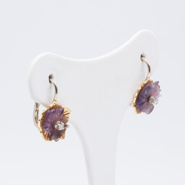 Vintage 18K gold earrings with engraved amethysts and diamonds, 1970s