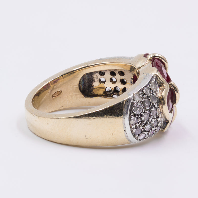 Anello vintage in oro 14k con rubini e diamanti , anni 80
