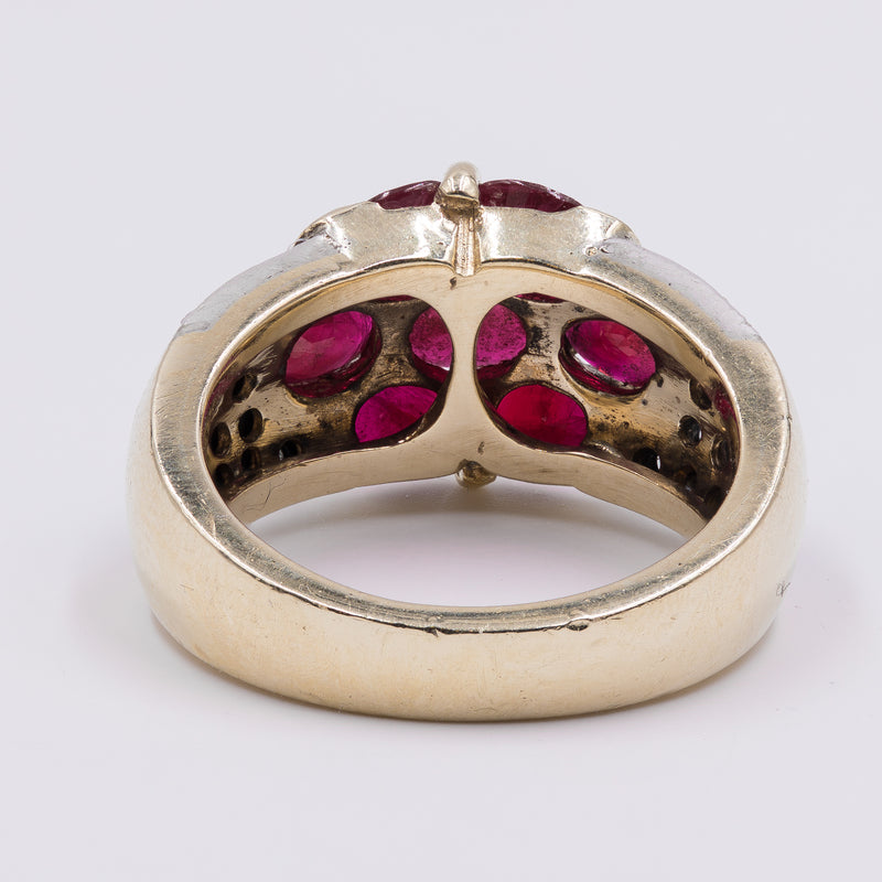 Anello vintage in oro 14k con rubini e diamanti , anni 80