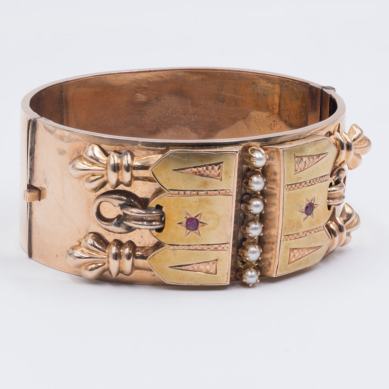 Bracelet Bourbon en or 9 carats avec perles et pâte de verre rouge, fin XIXe siècle