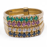 Vintage 18 Karat Gelbgold Diamant, Rubin, Saphir & Smaragd "Harem" Ring, 70er Jahre