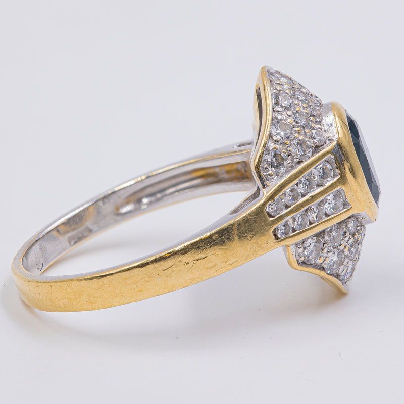 Anello vintage in oro giallo 18k con zaffiro e diamanti (0.50ct), anni '60/'70