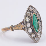 Anello antico in oro 18k e argento con smeraldo e diamanti taglio rosetta, primi anni del '900