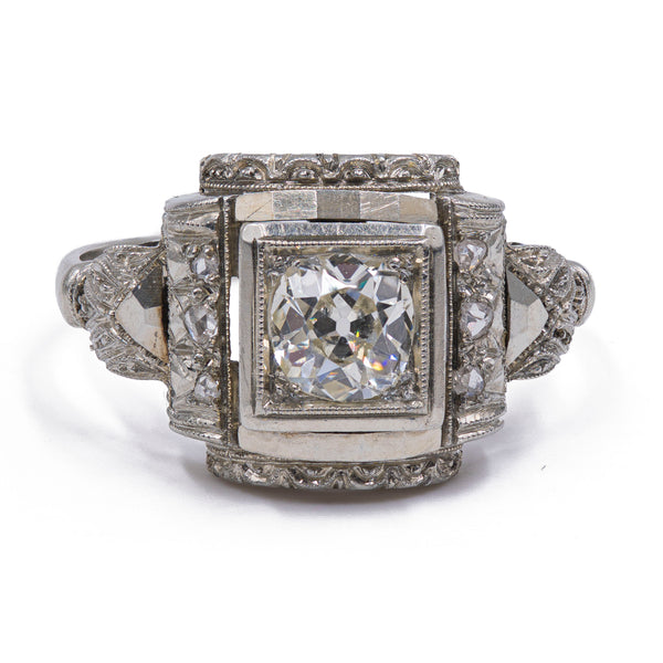 Anello Art Decò antico in platino con diamante di 0.70ct , anni '30