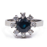 Vintage 14k gold ring with central sapphire (2ct) and contour diamonds (0.40ct), 60s / 70s
