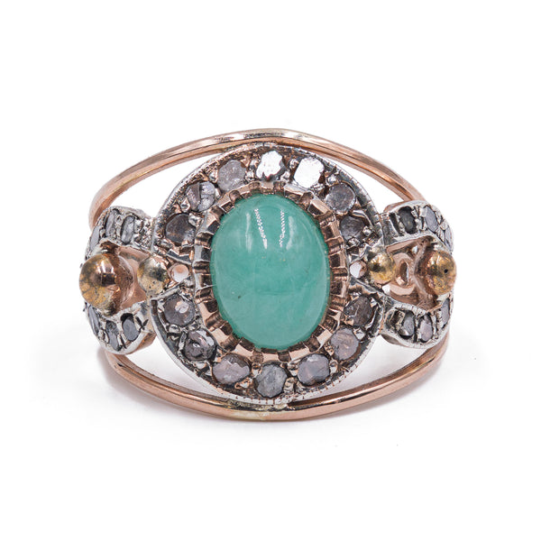 9k rose gold ring with emerald and diamond rosettes, 1980s