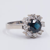 Vintage 14k gold ring with central sapphire (2ct) and contour diamonds (0.40ct), 60s / 70s