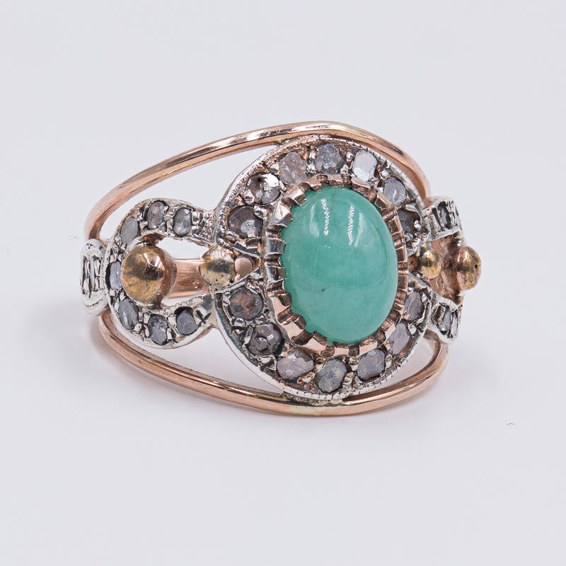 9k rose gold ring with emerald and diamond rosettes, 1980s