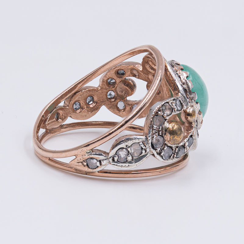 9k rose gold ring with emerald and diamond rosettes, 1980s