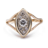 Vintage 14k gold navette ring with diamonds (central approx 0.20ct), 60s